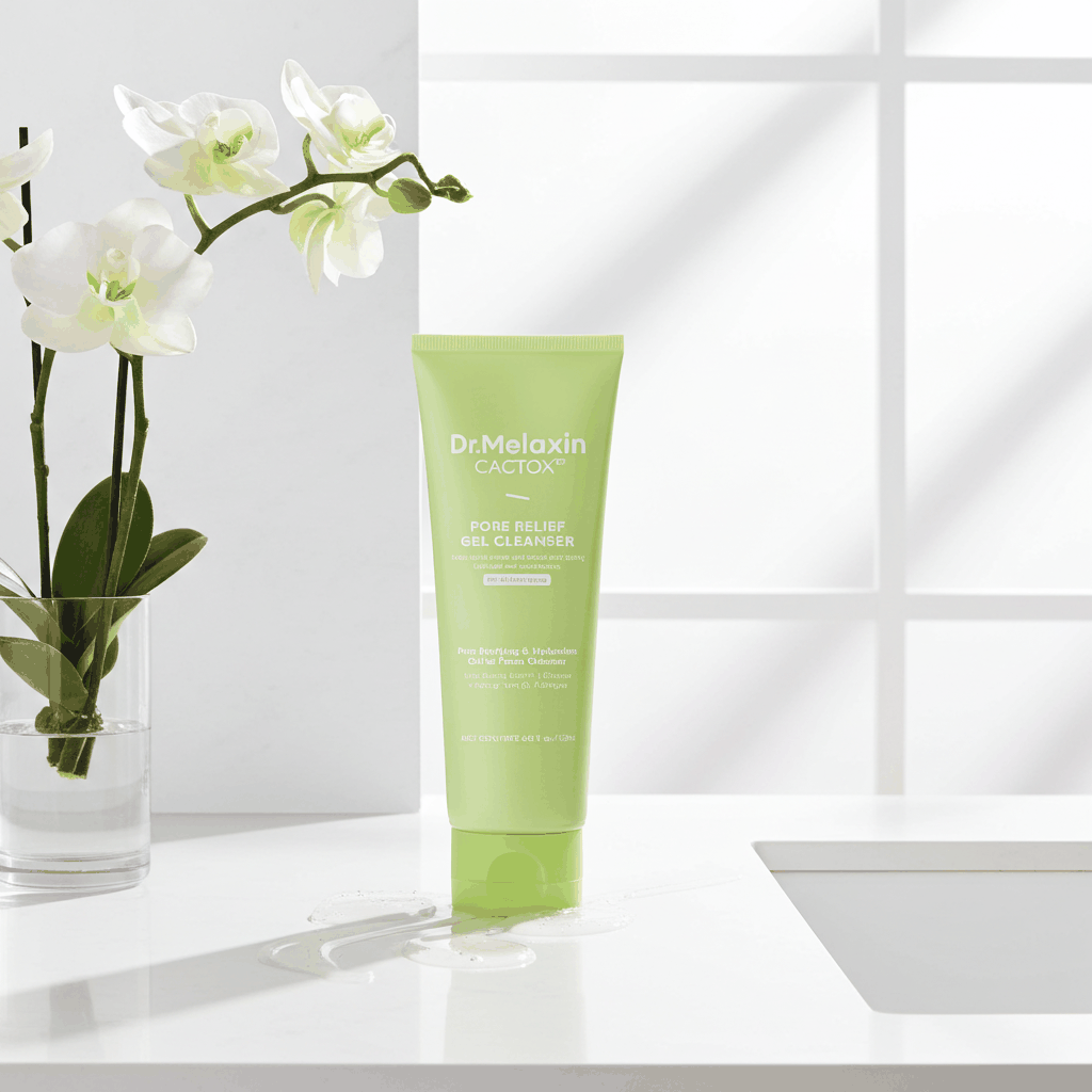 Detergente viso Cactox Pore Relief Gel Cleanser in tubo verde chiaro, con tappo trasparente e scritte bianche frontali