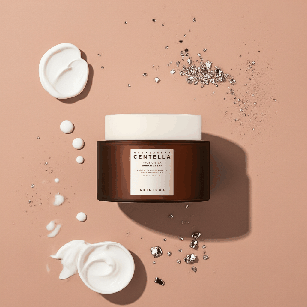 Madagascar Centella Probio-Cica Enrich Cream in vasetto ambrato con tappo bianco, accanto a campioni di crema bianca