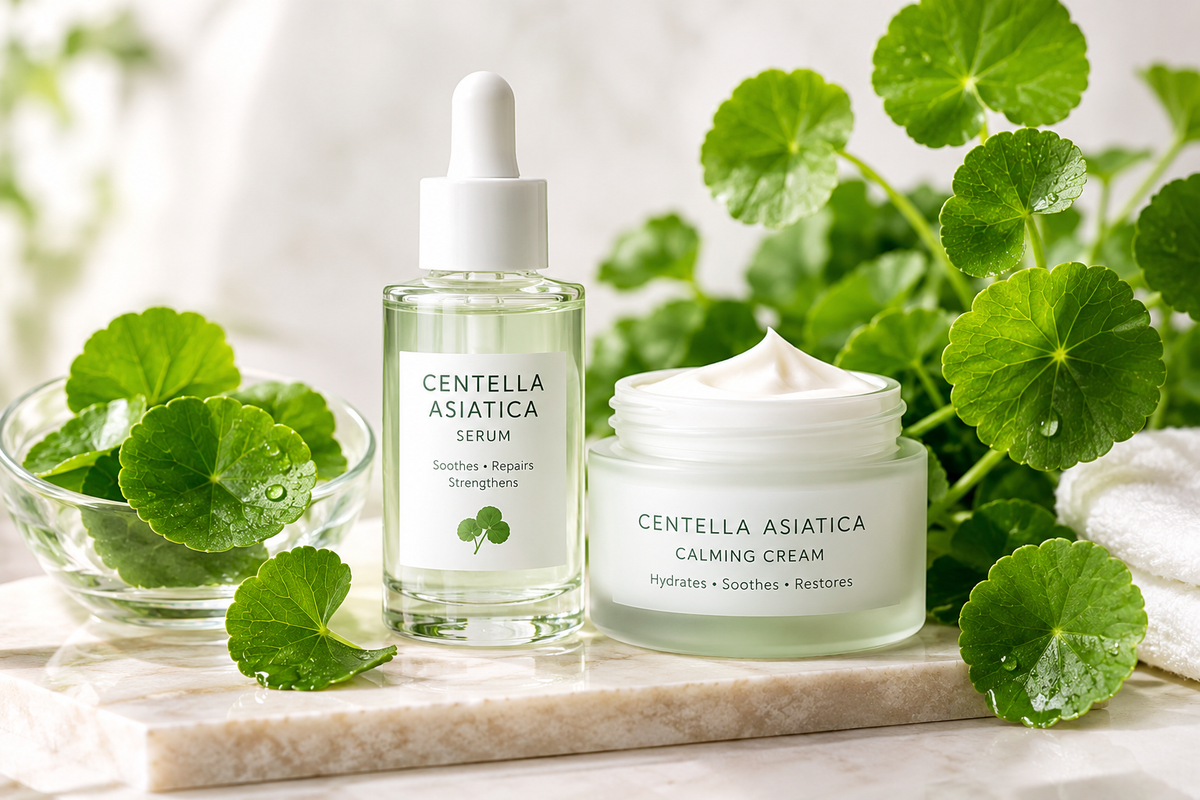 Creme solari cosmetici alla centella asiatica in flacone contagocce trasparente e vasetto bianco con crema visibile