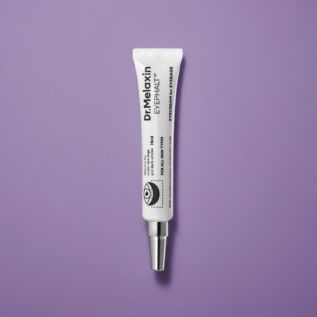 Home page: tubetto bianco di crema occhi Dr. Melaxin, con scritte nere e applicatore metallico sottile.