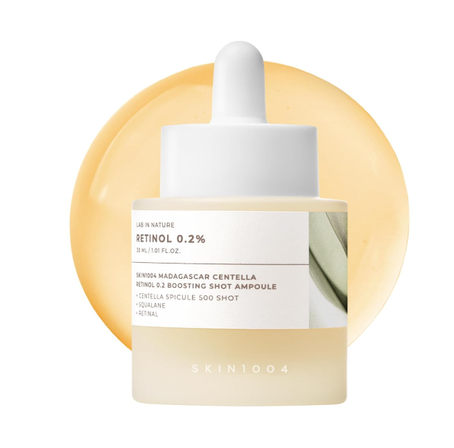 Siero viso I NOSTRI in flacone ambrato con contagocce bianco, etichetta crema e formula al retinolo 0,2%.