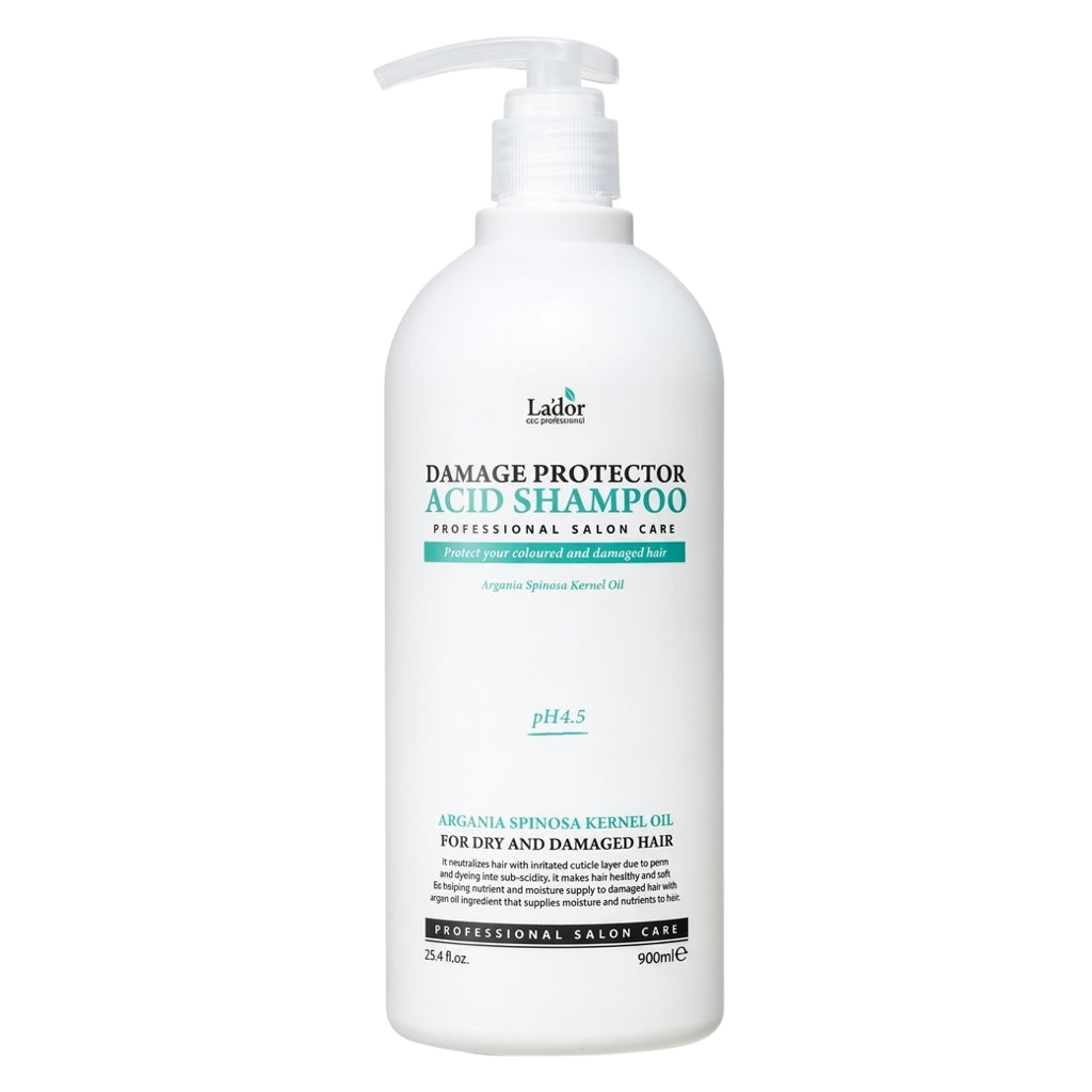 LA´DOR, shampoo acido bianco in flacone con pompa, etichetta turchese per capelli danneggiati