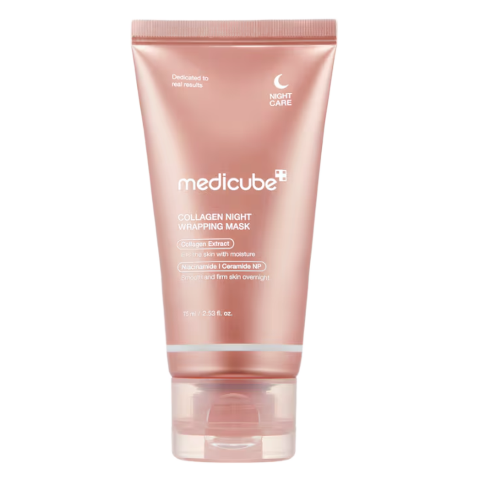 Maschere viso notturna in tubetto rosa perlato, con tappo trasparente e formula al collagene