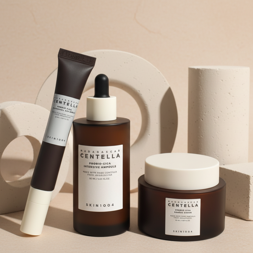 Prodotti skincare SEOUL 1988 in flaconi marroni e crema bianca, con etichette Centella e applicatore a pipetta