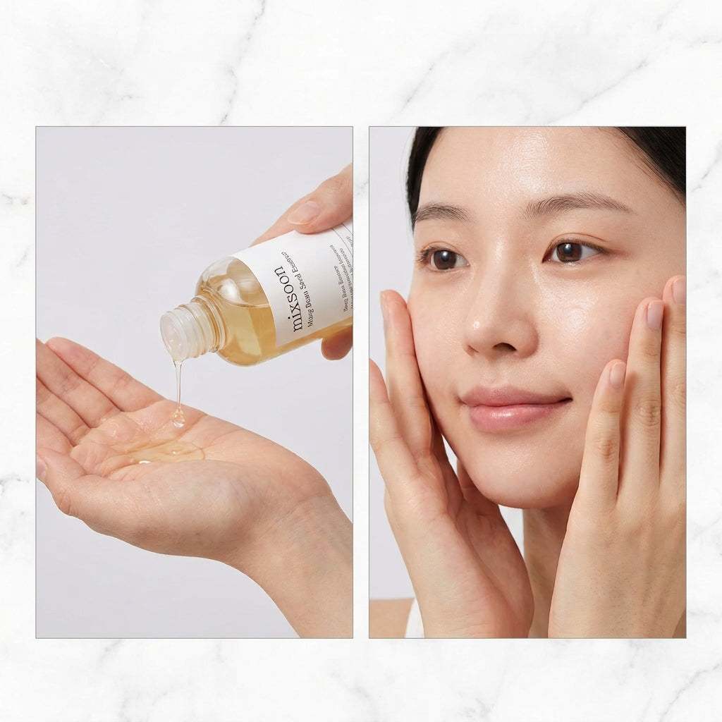 SKIN1004 tonico viso liquido color ambra, versato sul palmo da un flacone trasparente, con finish luminoso sulla pelle