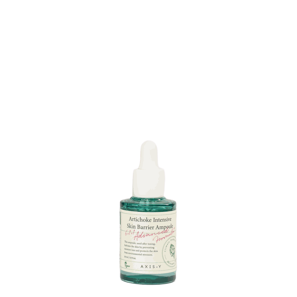 Ampolla Artichoke intensive skin barrier in vetro verde, con contagocce bianco ed etichetta color avorio.