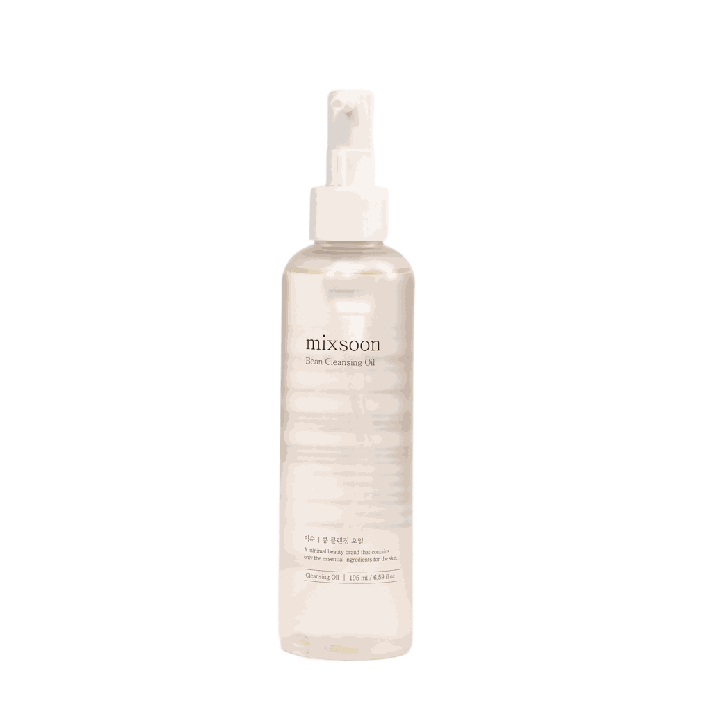 Olio detergente Bean cleansing oil in flacone trasparente color avorio, con erogatore bianco a pompetta e logo MIXSOON