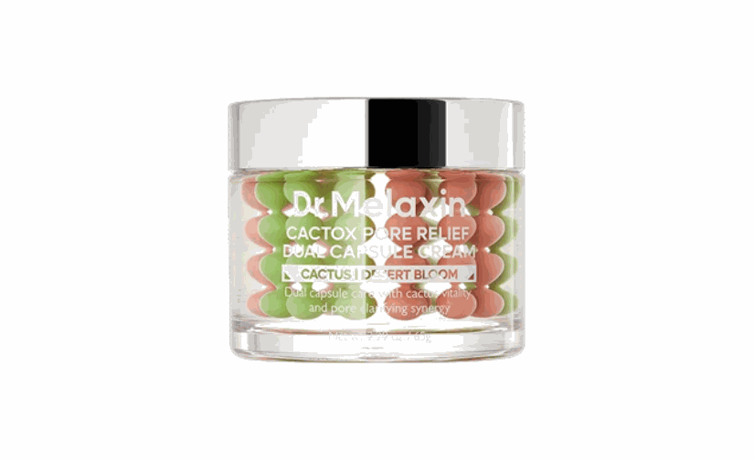 Crema viso CACTOX Pore Relief Dual Capsule Cream in barattolo trasparente, con capsule verdi e rosa e tappo argentato