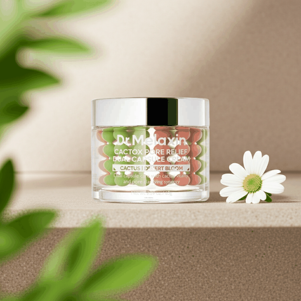 Crema viso CACTOX Pore Relief Dual Capsule Cream in barattolo trasparente, con capsule rosa e verdi visibili all’interno