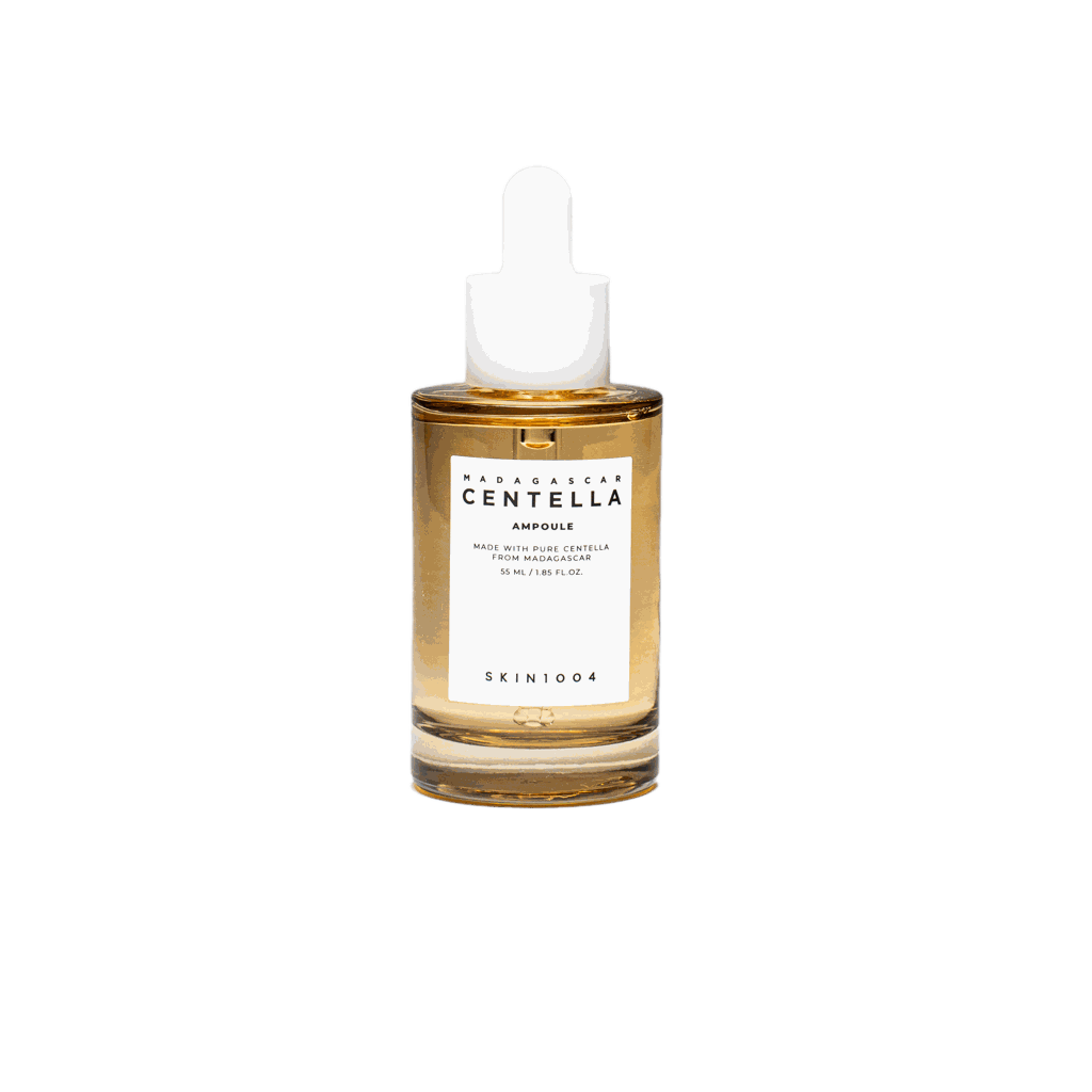Ampolla Centella daily care SKIN1004 in flacone trasparente con siero ambrato, contagocce bianco ed etichetta crema