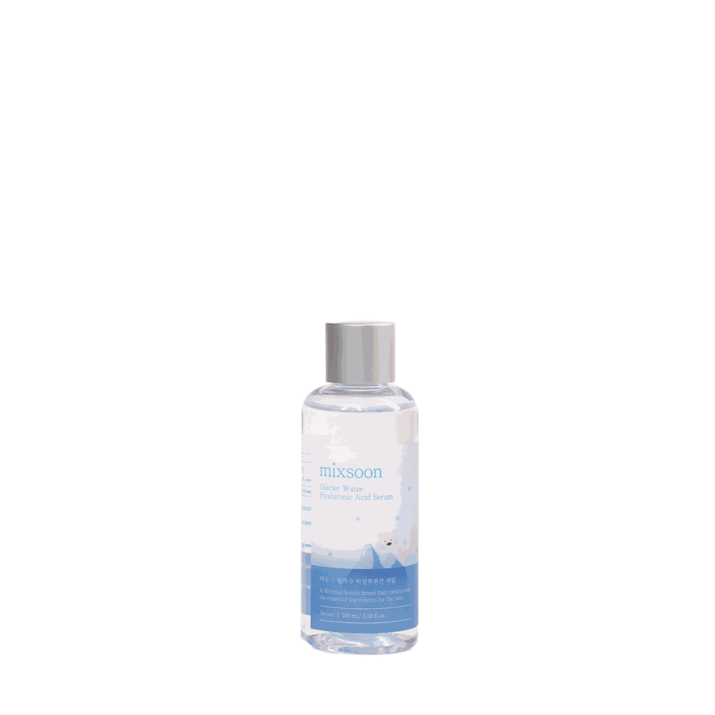 Siero viso Glacier water hyaluronic acid serum in flacone trasparente con etichetta bianca e azzurra e tappo argentato.