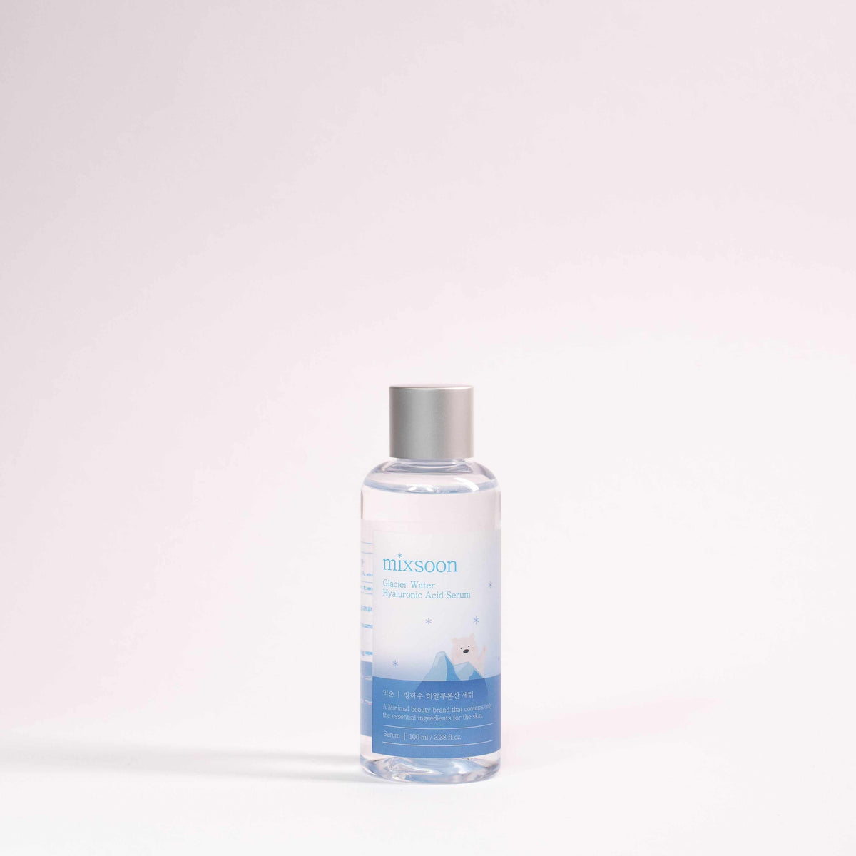 Siero viso Glacier water hyaluronic acid serum MIXSOON in flacone trasparente con liquido azzurro, tappo argentato e scritte blu.