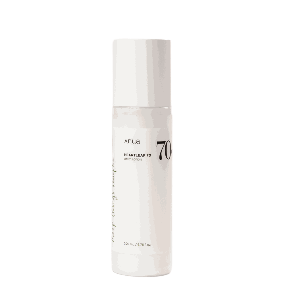  crema viso frescaLozione viso Heartleaf 70 ANUA in flacone bianco, con tappo cilindrico e dettagli verdi e neri sull’etichetta.
