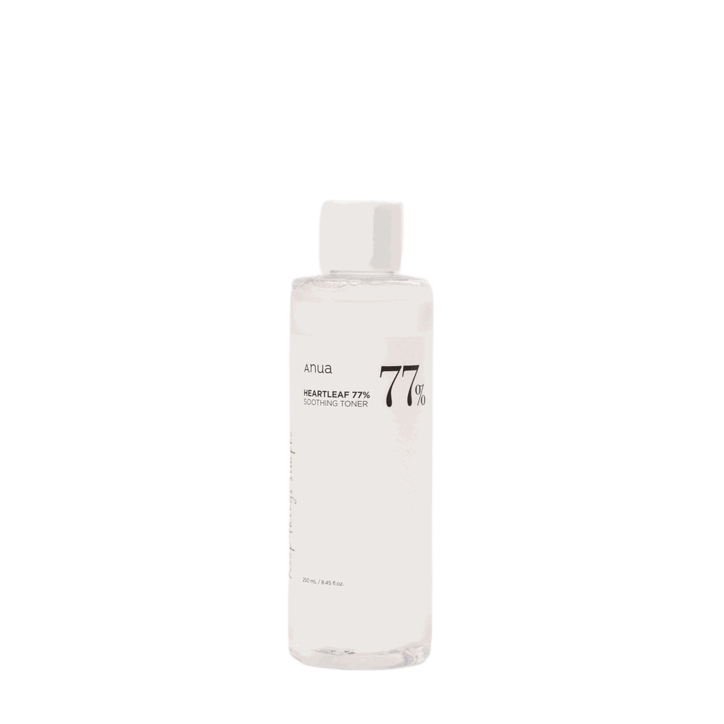 Tonico viso Heartleaf 77 in bottiglia trasparente con etichetta bianca e tappo bianco, formula lenitiva al 77%.