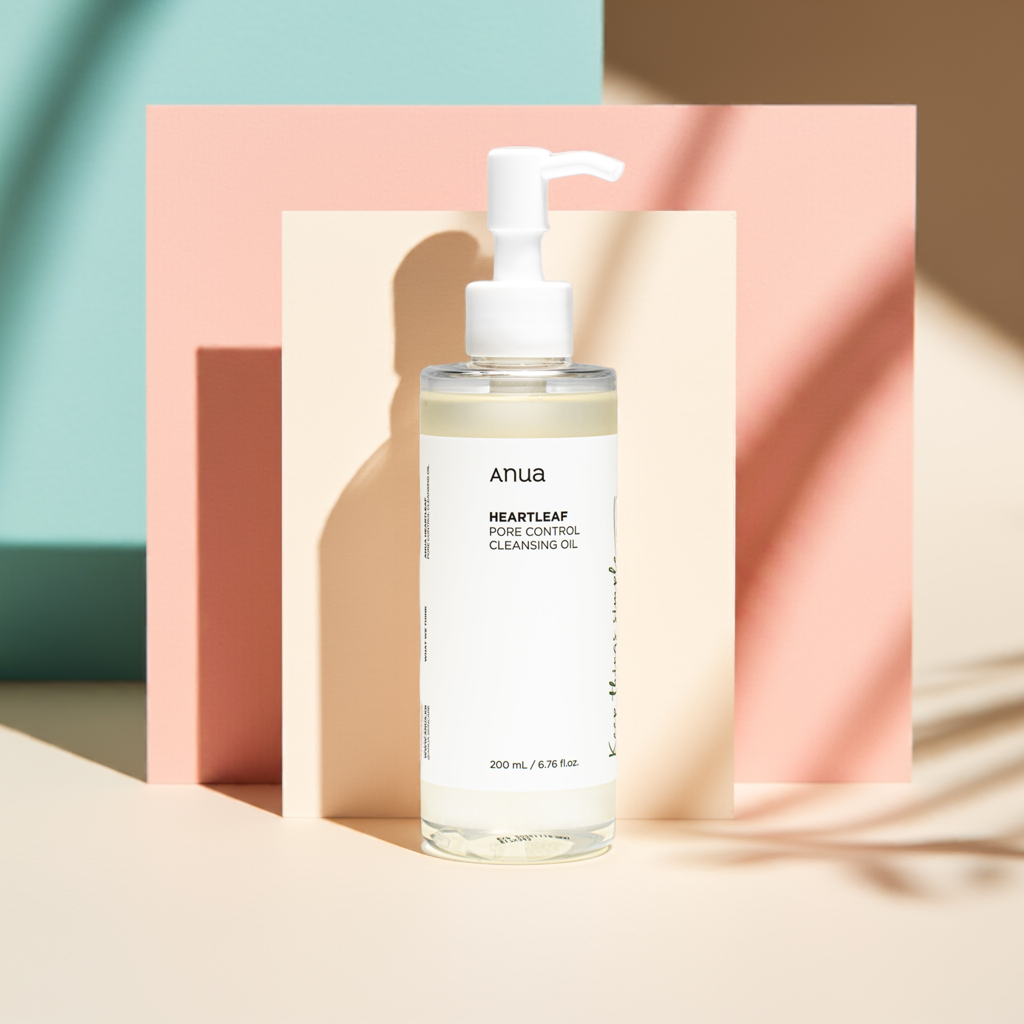 Olio detergente Heartleaf pore control di Anua, in flacone trasparente con erogatore bianco e formula giallo chiaro