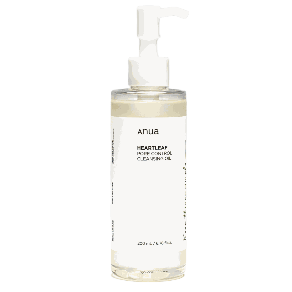 Olio detergente Heartleaf pore control in flacone trasparente con liquido giallo chiaro, etichetta bianca e pompa