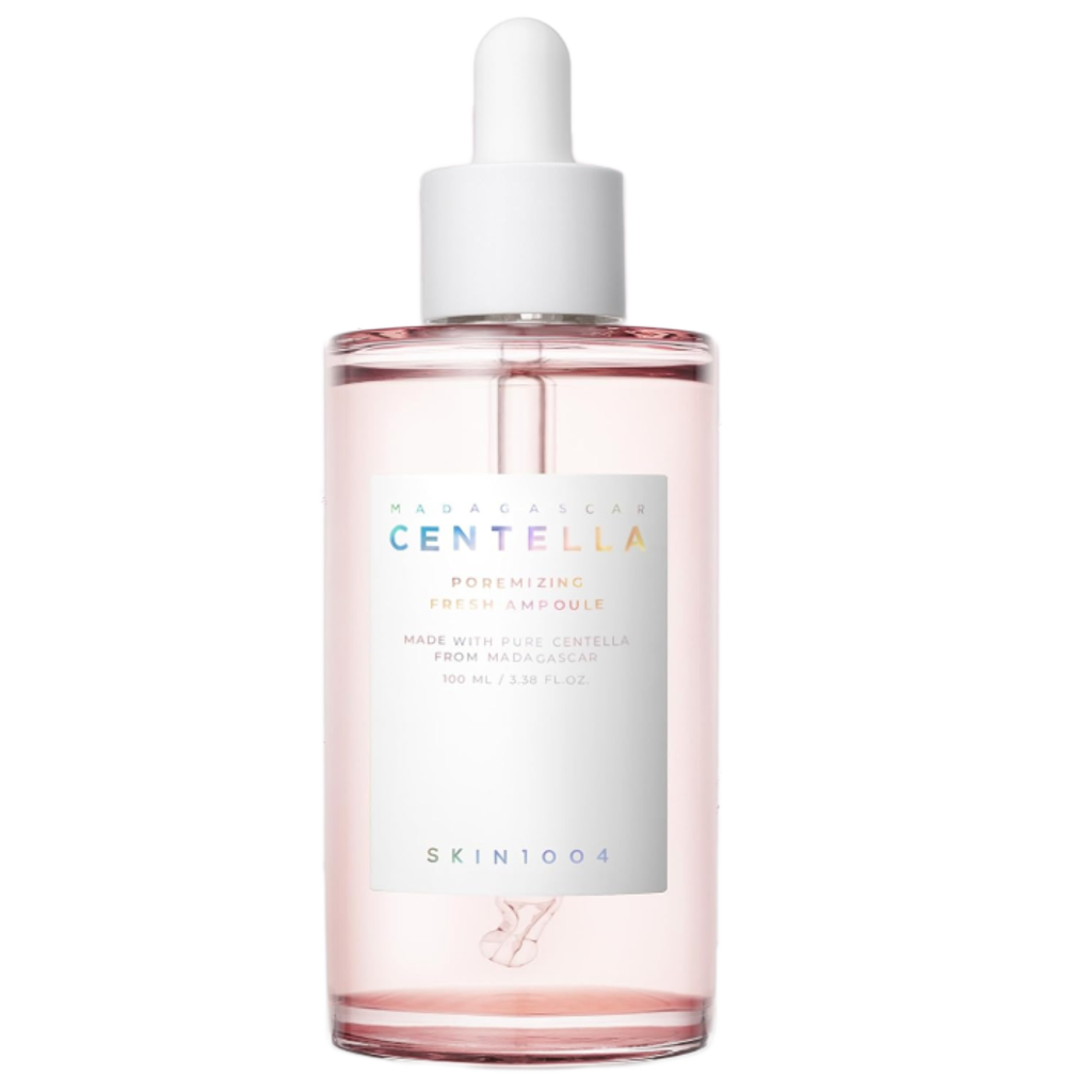 Ampolla viso Madagascar Centella in flacone trasparente con liquido rosa chiaro, etichetta bianca e contagocce