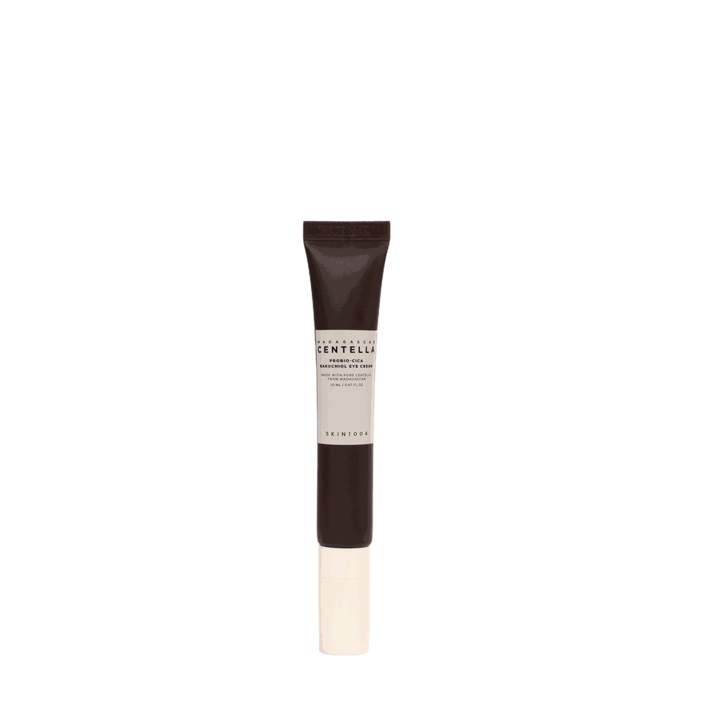 Crema contorno occhi Madagascar Centella in tubetto marrone scuro e bianco, con tappo bianco e dosatore.