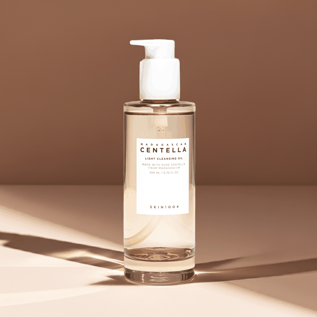 Olio detergente Madagascar centella light cleansing oil trasparente color ambra, in flacone cilindrico con pompetta bianca