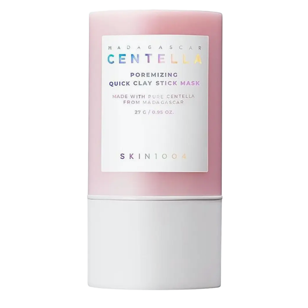 Maschera all’argilla Madagascar Centella in stick rosa e bianco, con etichetta SKIN1004 e formato da 27 g