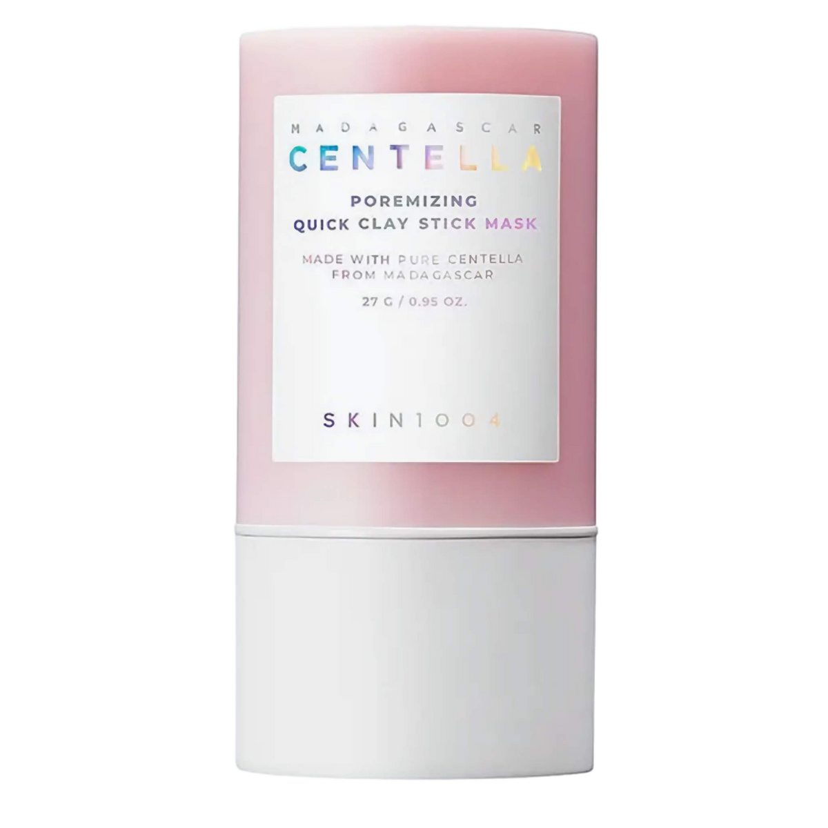 Maschera stick all’argilla Madagascar Centella rosa e bianca, con confezione compatta e scritta Poremizing Quick Clay Stick Mask.