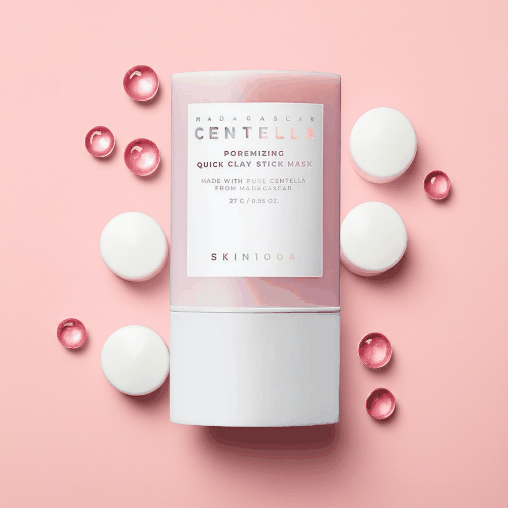 Maschera stick Madagascar Centella rosa e bianca, con confezione cilindrica e scritte Poremizing Quick Clay Stick Mask