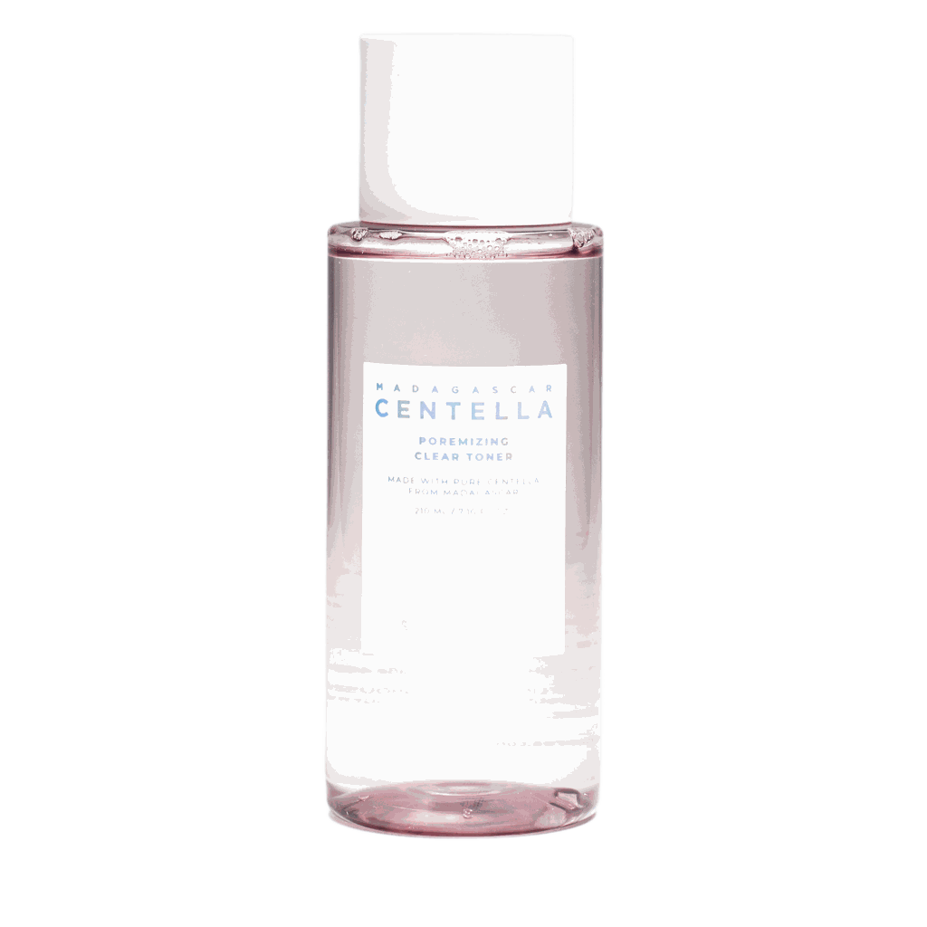 Tonico Madagascar centella poremizing in flacone trasparente con liquido rosa pallido, tappo bianco ed etichetta SKIN1004
