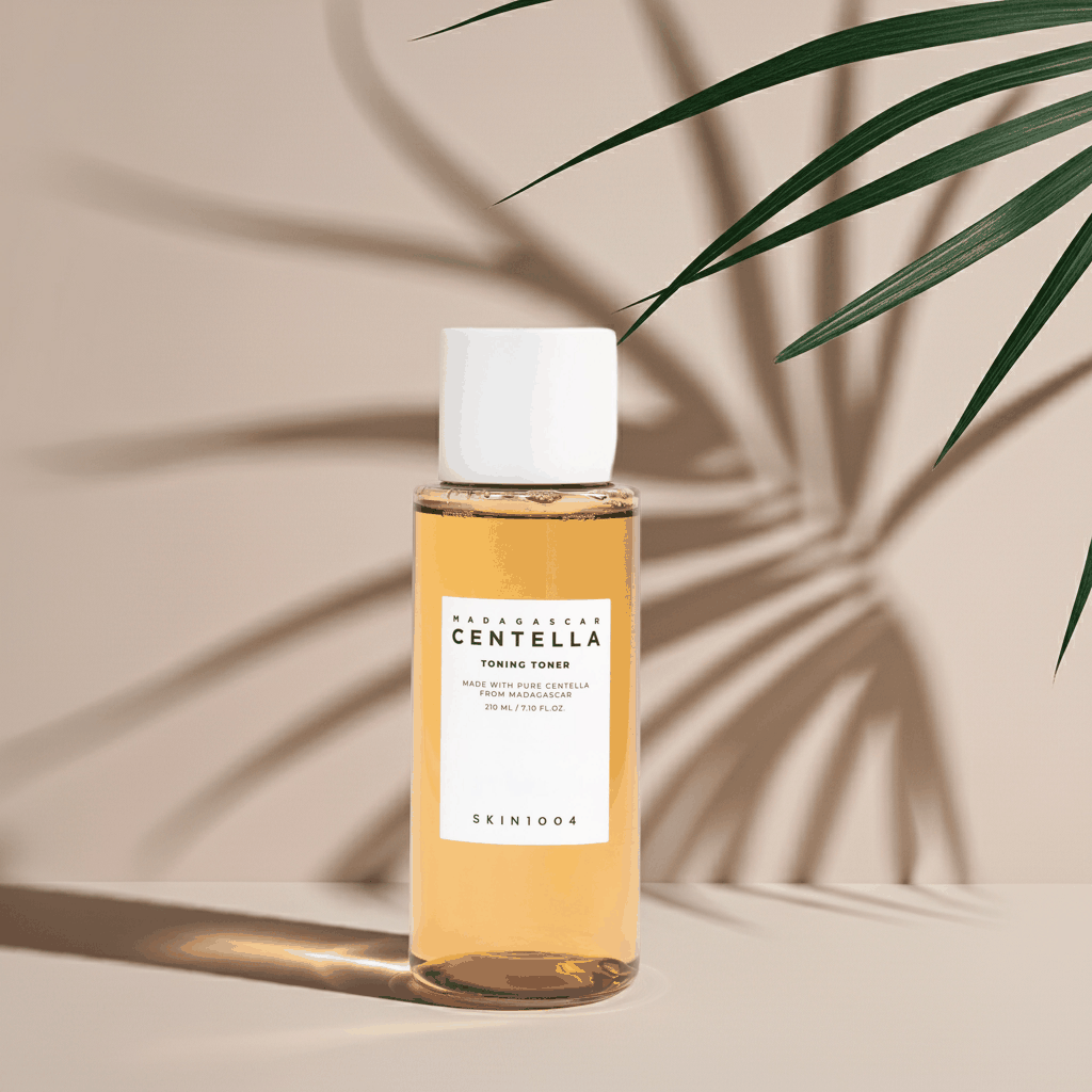 Tonico viso Madagascar centella in flacone trasparente con liquido ambrato, tappo bianco ed etichetta SKIN1004