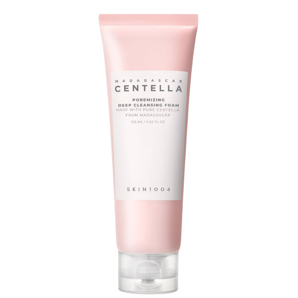 Schiuma detergente Madagascar poremizing in tubo rosa e bianco, con tappo trasparente e formato da 125 ml