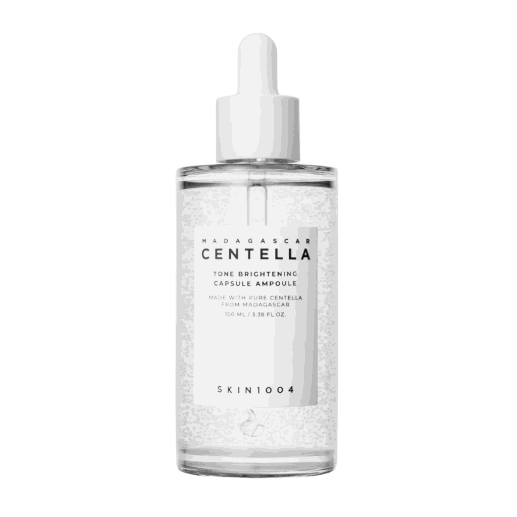 Ampolla viso Tonico Brightening trasparente con liquido e capsule sospese, etichetta bianca e contagocce