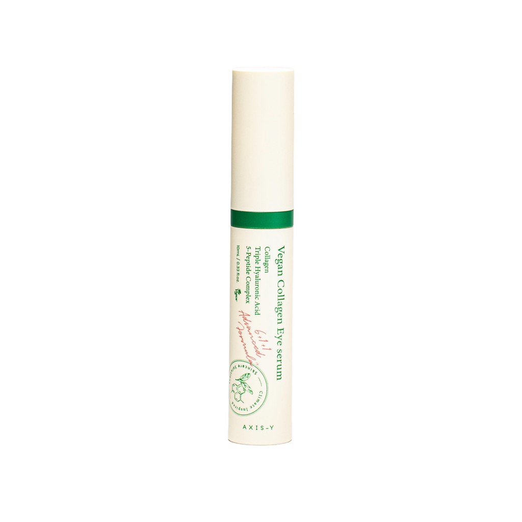 Vegan collagen eye serum AXIS-Y in tubetto avorio con fascia verde, scritte verdi e sigillo circolare botanico